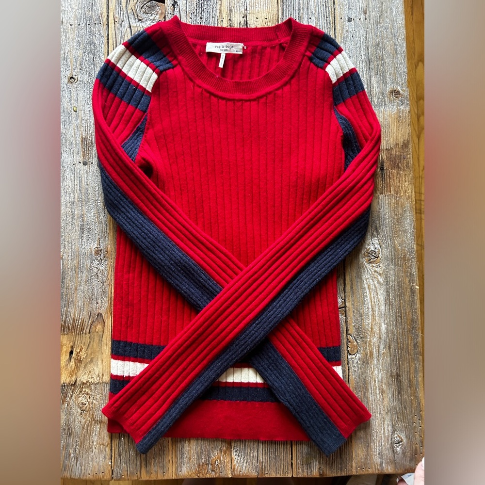 rag and bone red and blue crewneck sweater